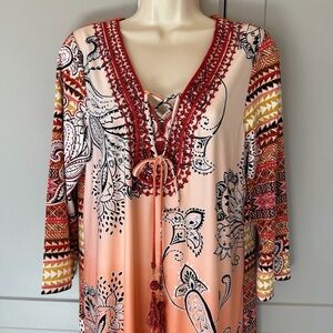 NWT Melissa Paige Dress XL 3/4 Sleeve Knee Length Tie Tasseled Boho Travel Work